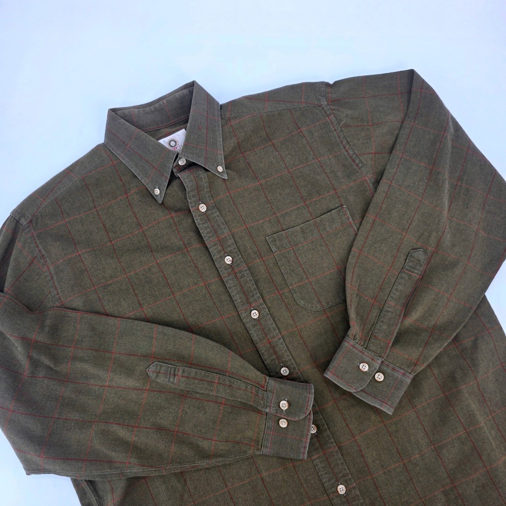 Viyella Mens Olive Green Red Windowpane Check Cotton Wool Blend Shirt Large USA